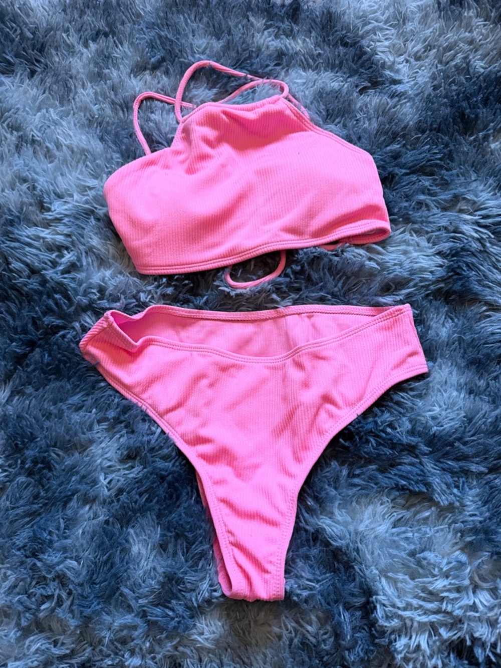 PrettyLittleThing Pink Ribbed High-Waist Bikini Set